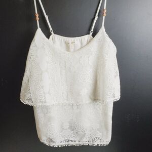 Miami Lace Cream White 2-Tier Lace Top Adj Straps Pom Pom Trim Fully Lined Sz S